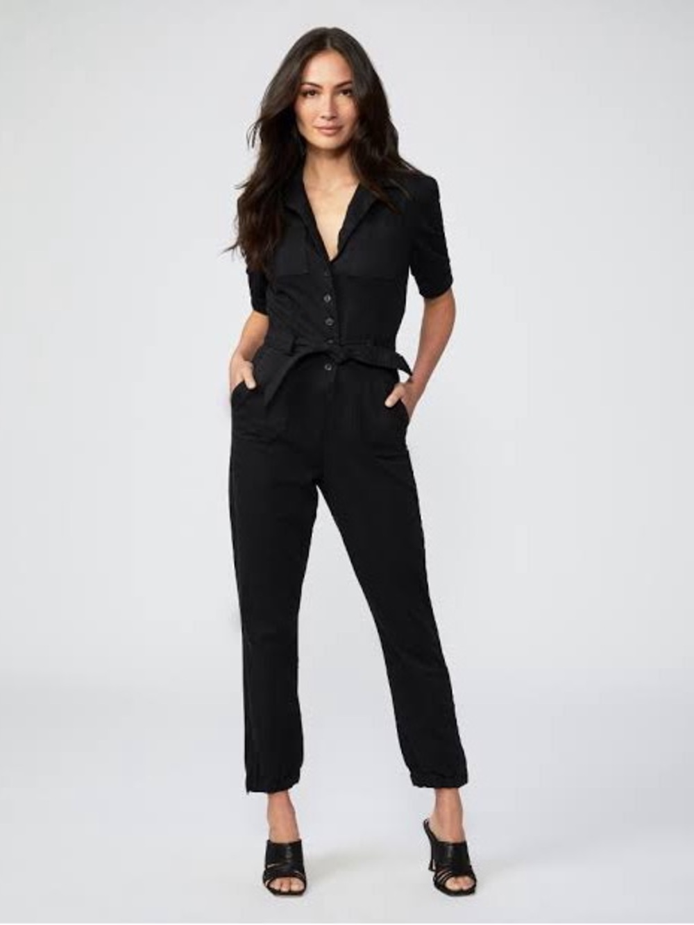 PAIGE Mayslie Black Short-Sleeve Utility Jumpsuit with Tie Waist ❤️❤️